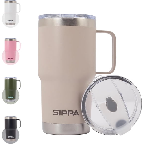 SIPPA Insulated Coffee Tumbler with with Flip Lid – Leakproof Stainless Steel Tumbler – Double Walled Mug for Hot & Cold Drinks (Beige)