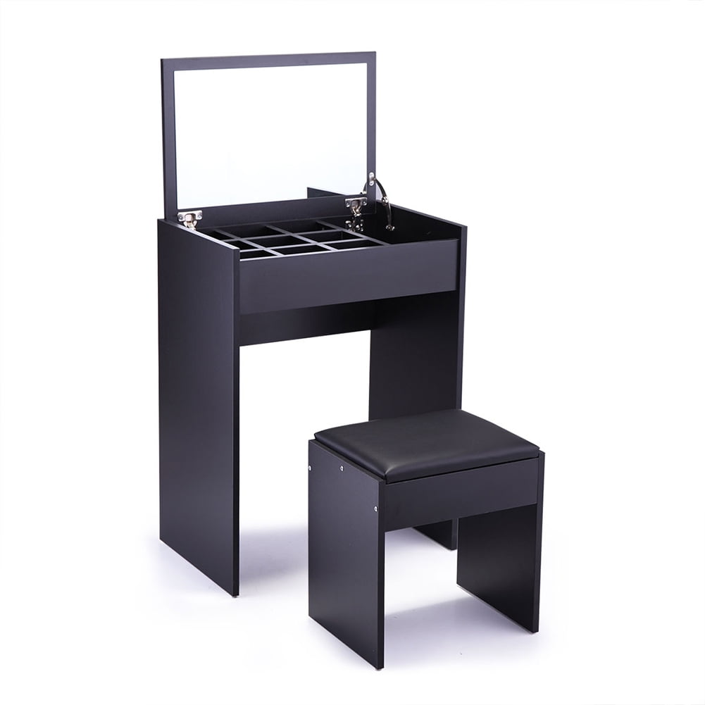 Kadyn Vanity Table and Stool Set, Dressing Table Writing Desk with Flip Top Mirror Makeup and Cushioned Stool, Black Kadyn Vanity Table and Stool Set, Dressing Table Writing Desk with Flip Top Mirror Makeup and Cushioned Stool, Black