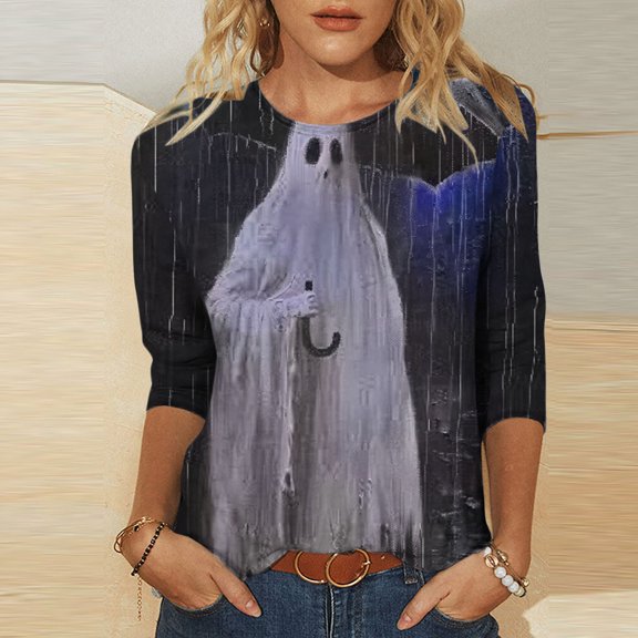 WXLWZYWL Fall Savings 2024 Halloween Shirts for Women Funny 3/4 Sleeve Round Neck Tops Casual Blood Ghost Graphic Tees Trendy Workout Fall Tunic Blouse