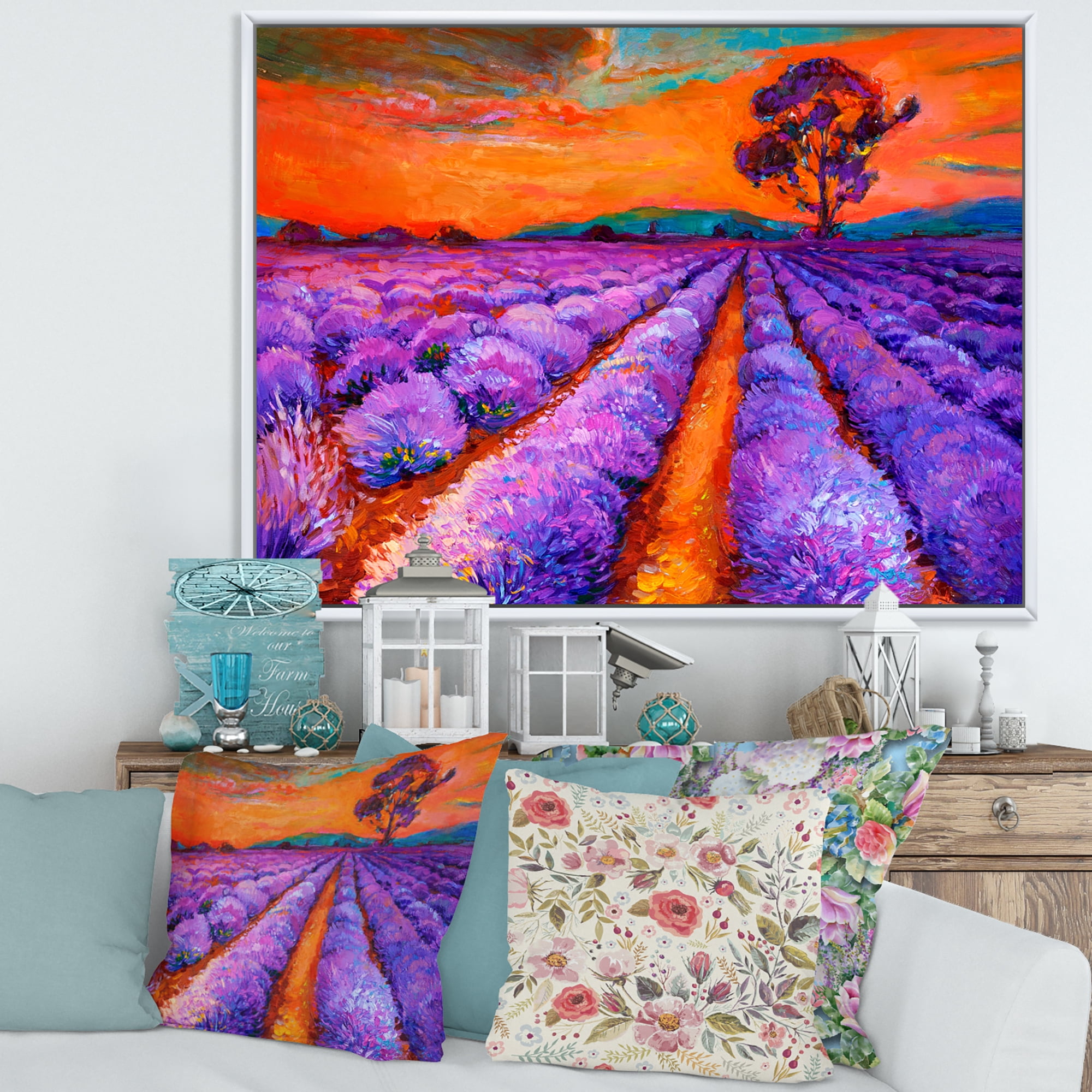 Designart 'An Orange Sunset Over Purple Lavender Fields I' Farmhouse Framed Canvas Wall Art Print