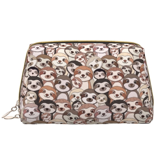 Naloa Brown Sloth Leather Makeup Bag for Purse Travel, Portable Small Cosmetic Organizer for Women and Girls, Make up Bag with Zipper