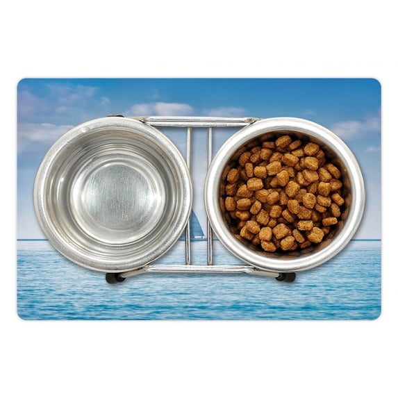 Ocean Pet Mat for Food and Water, Sail Boats Sea Regatta Race Sports Panoramic View Seascape Summer Sky Photo, Non-Slip Rubber Mat for Dogs and Cats, 18" X 12", by Ambesonne