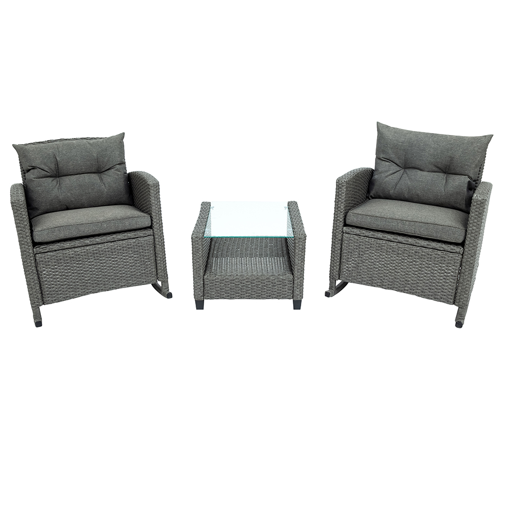 Veryke 3 Piece Patio Rattan Rocking Chair Set with Cushions and Glass-Top Coffee Table, Gray - image 2 of 9