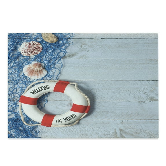 Coastal Cutting Board, Welcome on Board Message on Life with Fishing Net Seashell Wood Floor of Boat, Decorative Tempered Glass Cutting and Serving Board, Large Size, Dust Blue Red, by Ambesonne