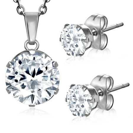 Stainless Steel Prong-Set Cubic Zirconia Round Circle Charm Chain Necklace & Stud Earrings