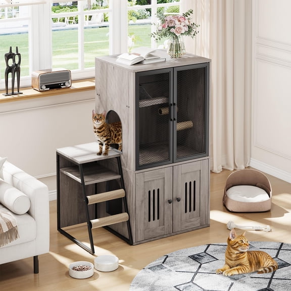 Cat Litter Box Enclosure with Doors and Ladder, Double Cat House with Storage Space, Enclosed Hidden Litter Box Furniture for Indoor Multi-Cat Household, Modern Pet Cabinet - Gray