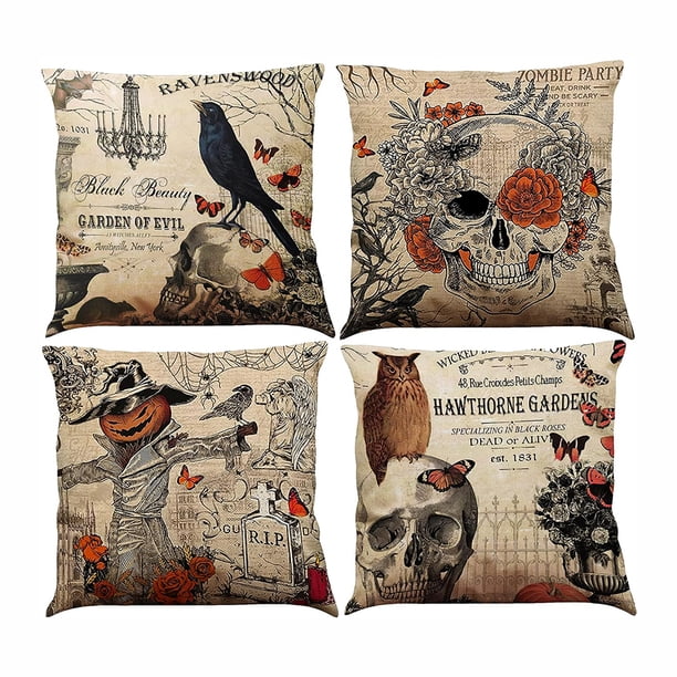 Pack de 4 fundas de cojín de Halloween, cojín de calabaza con calavera de espantapájaros, funda de cojín de lino y algodón para decoración de Halloween, funda de cojín aterradora de 45 x 45