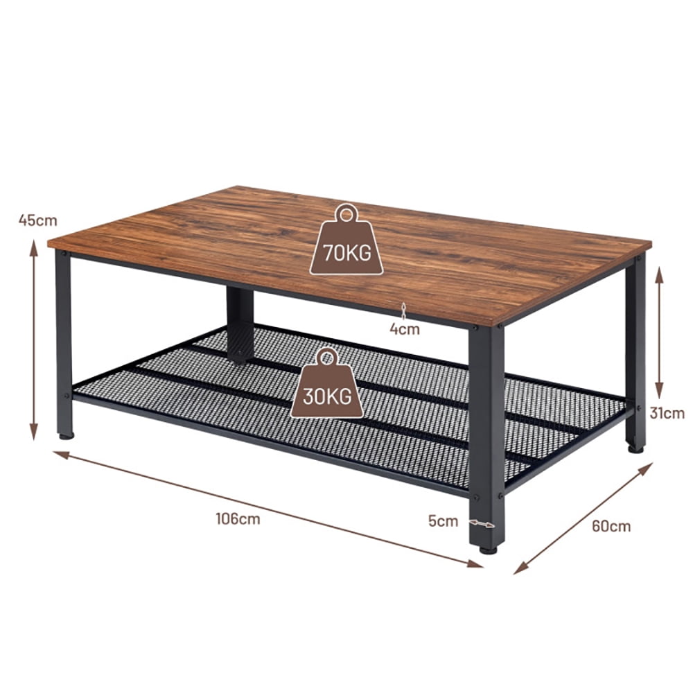 Finihen Wooden Coffee Table, Metal Frame Wood Coffee Table Console Table with Storage Shelf, for Living Room, Reception Room, Office, Brown