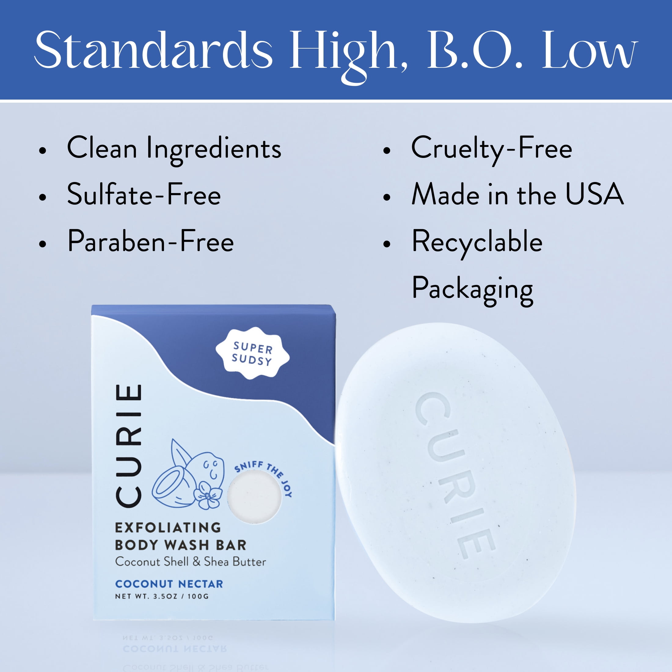 (3 pack) Curie Exfoliating Body Wash Bar Soap, Coconut Nectar, for Men and Women, 3.5 oz