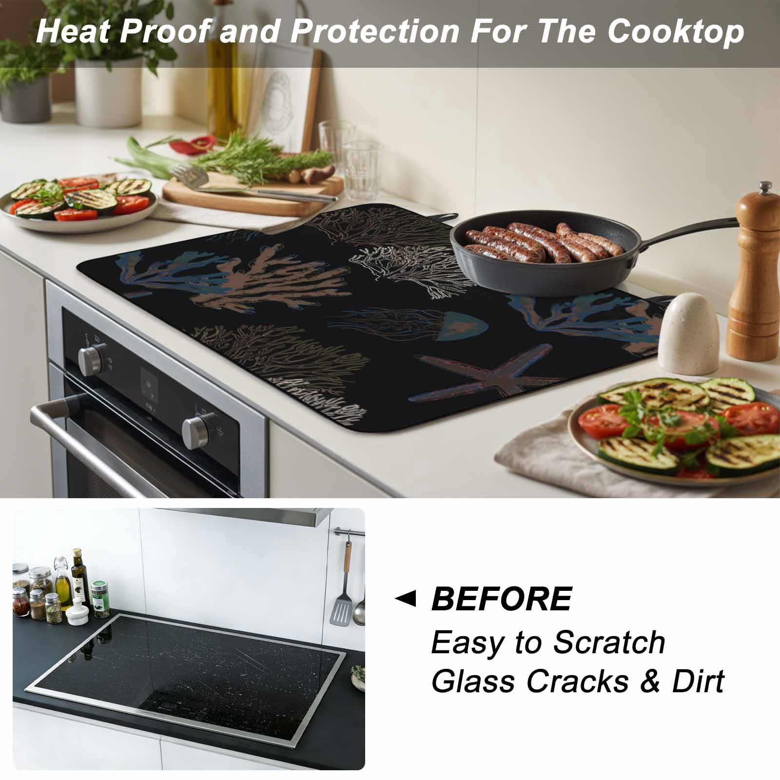 Black Coral Coastal Stove Top Cover for Electric Stove, Heat-proof & Non Slip Glass Top Stove Cover Protector, Nautical Starfish Summer Beach Kitchen Flat Cooktop Rubber Mat 24x21 Inches