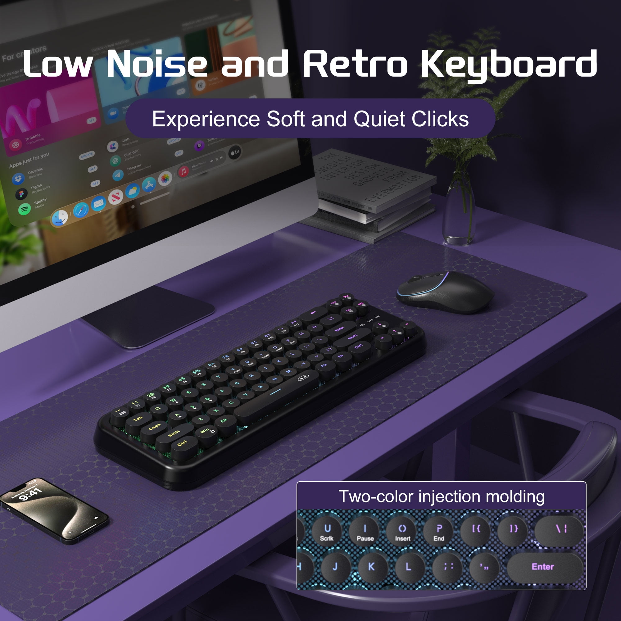 60% Retro Typewriter Round Wireless Keyboard and Mouse,2.4G RGB Backlit Keycaps Compact 68 Keys Keyboard Quiet Light Up Letters with Mouse for Computer Mac Windows PC Laptop