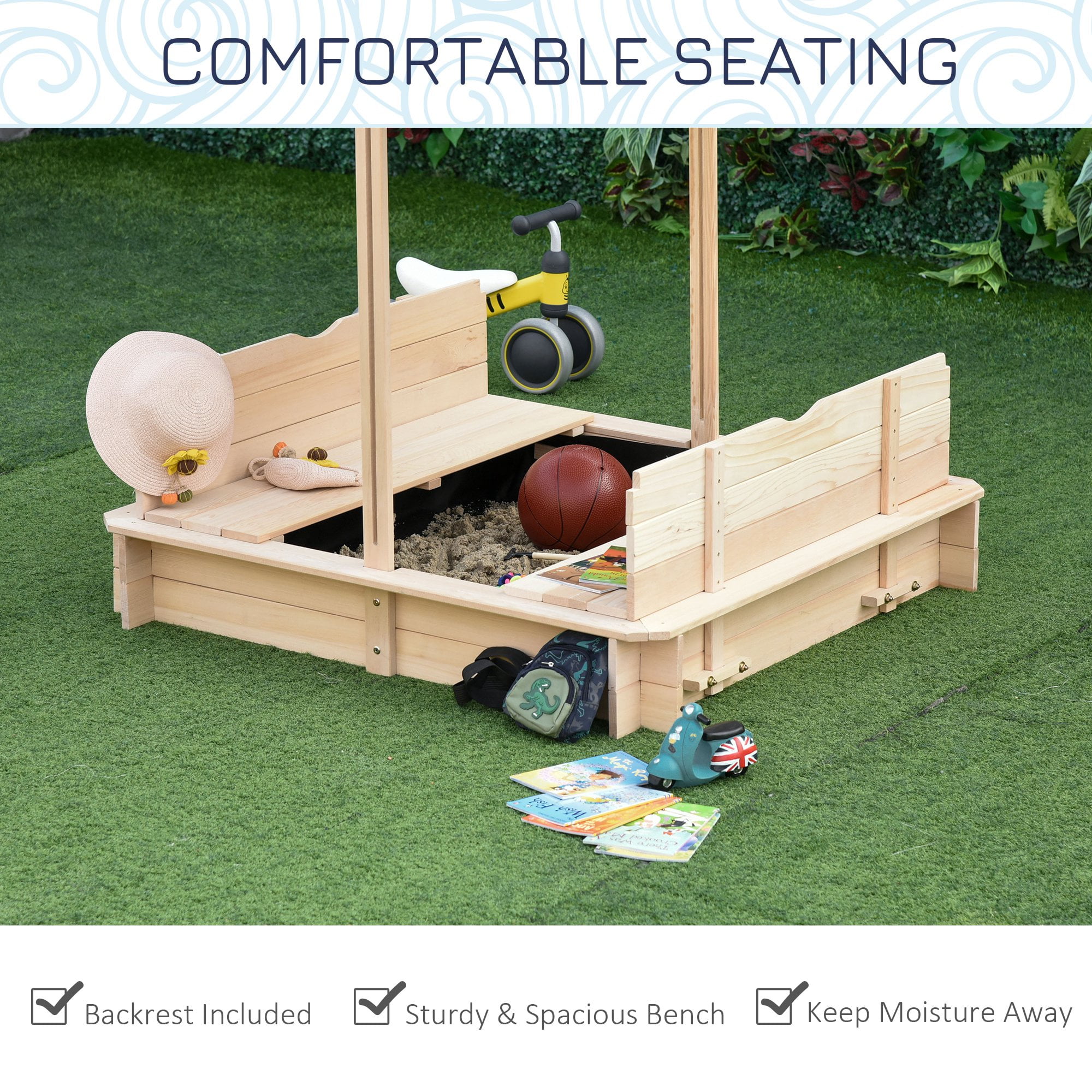Wooden Kids Sandbox with Cover, Foldable Bench Seats & Adjustable Canopy, Children Outdoor Sand Box with Bottom Liner for Backyard Garden Play