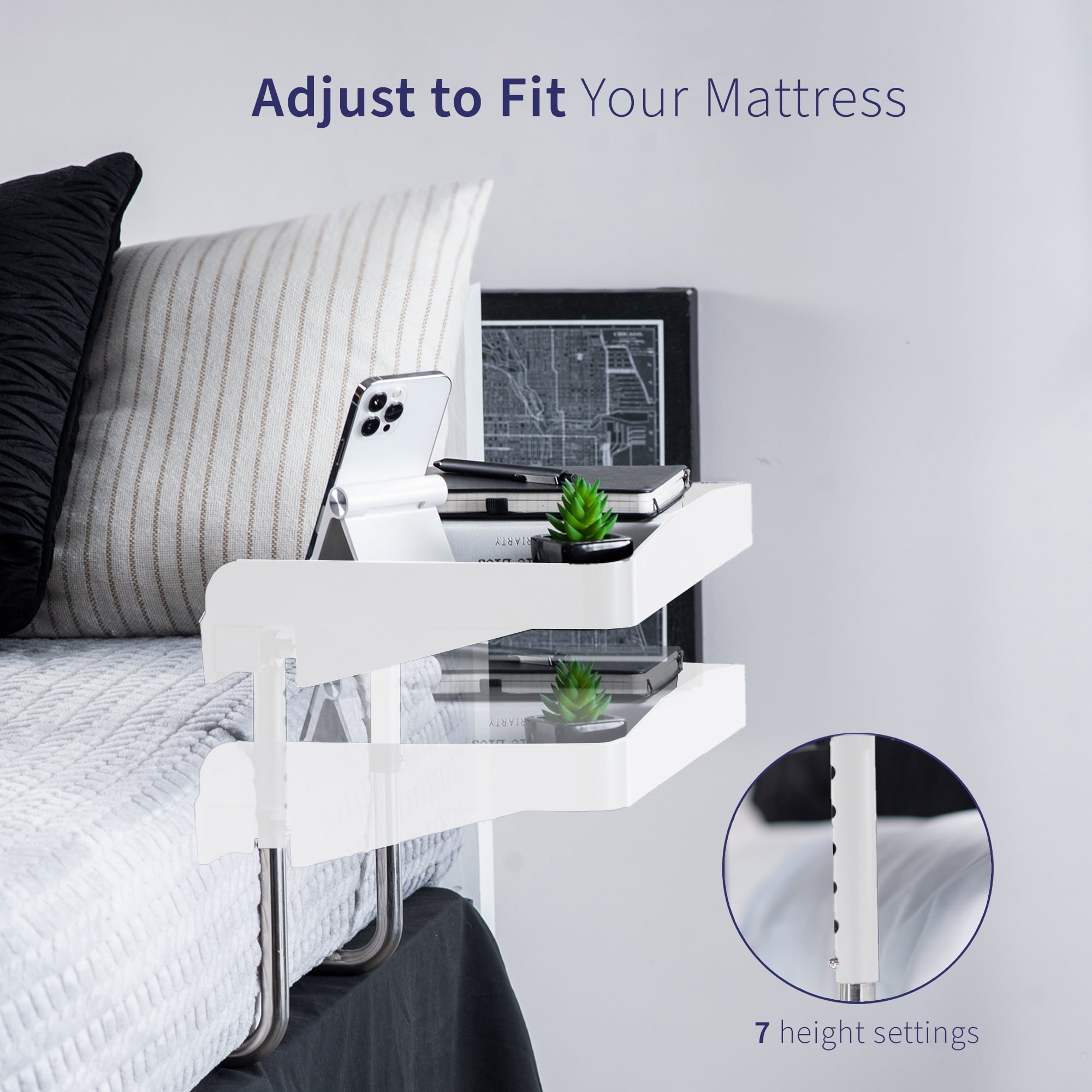 Sidekiix White Under Mattress Bedside Laptop Shelf, Adjustable 17" x 11" Tray