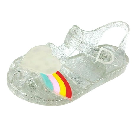 

9-10 Years Princess Costumes Jelly Flats Shoes Cosplay Birthday Party Dress Up Sandals for Little Girls Cute Fruit Jelly Colors Hollow Out Non-slip Soft Sole Beach Roman Sandals White
