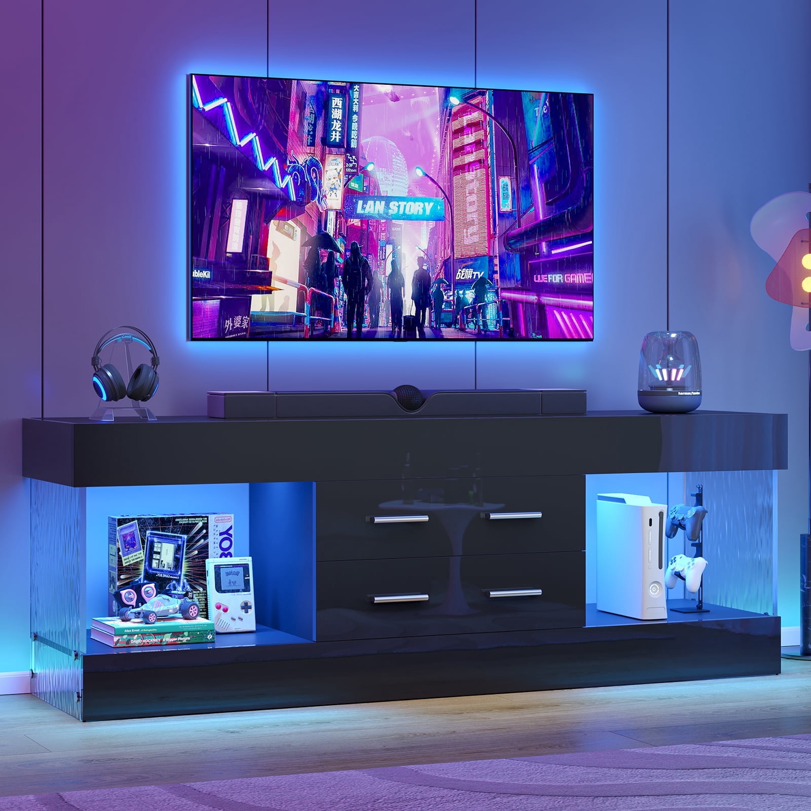 Bestier Black TV Stand for TVs up to 65", Modern High Gloss Entertainment Center for TVs with LED Light, TV Console Table with 2 Storage Drawers