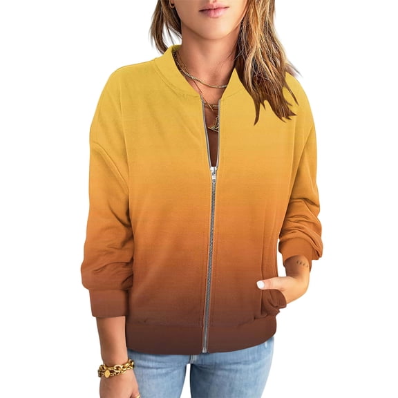 Full Zip Jackets For Women Crew Neck Print Long Sleeve Cardigan Casual Lightweight Stylish Outwear With Pockets (XL, Yellow)
