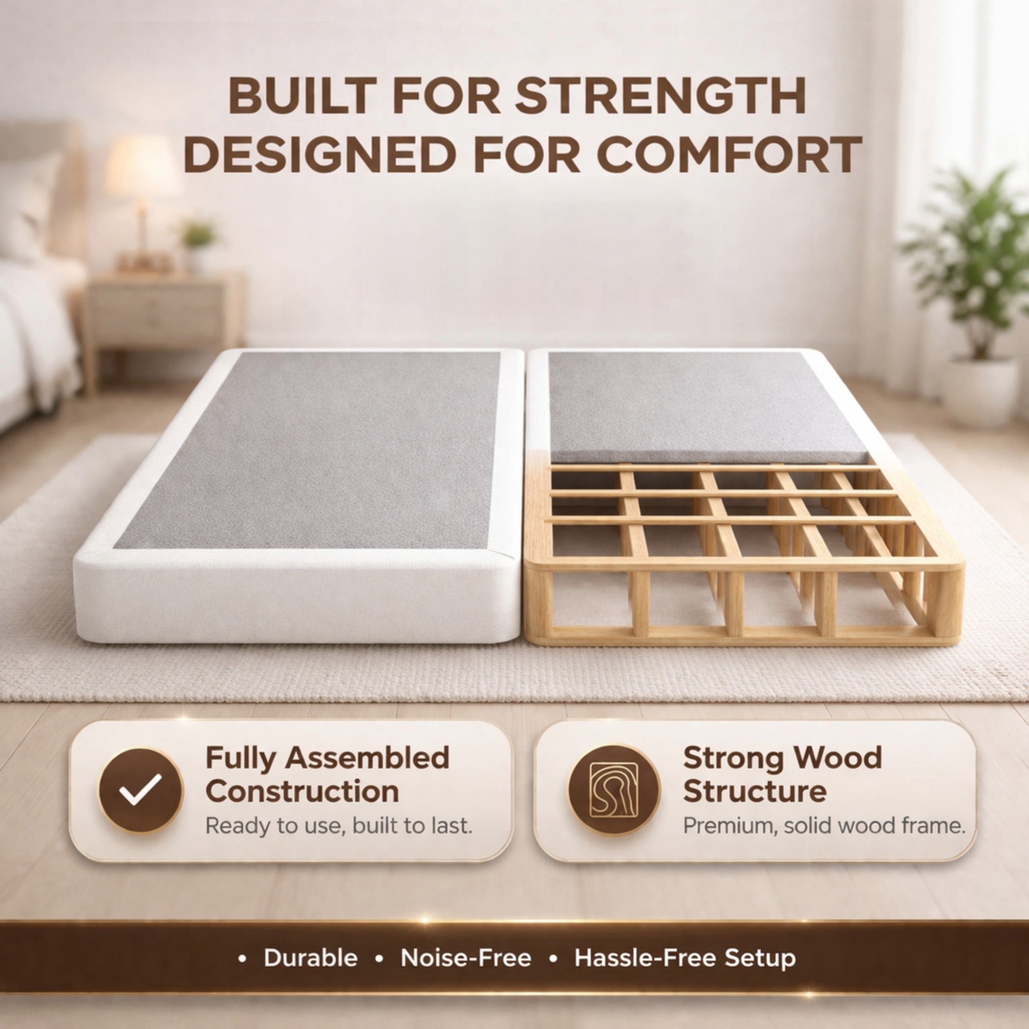 Wayton, 4" Split Sturdy Fully Assembled Wood Box Spring for Mattress, Queen, White