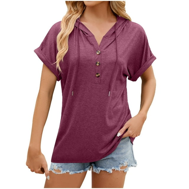 Women's Spring/Summer Solid Color Hooded Button Loose T Shirt Tee Fashion Space Shirt Womens Raglan Top Work Out Shirt Long Sleeve Woman T Shirt Casual Womens Turtleneck Long Sleeve Tops Full T Shirts