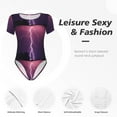 thumbnail image 4 of KLL Women 's Crew Neck Bodysuit Jumpsuits Thunderstorm Violet Purple Print Short onesies Stretch T Shirts, 4 of 7