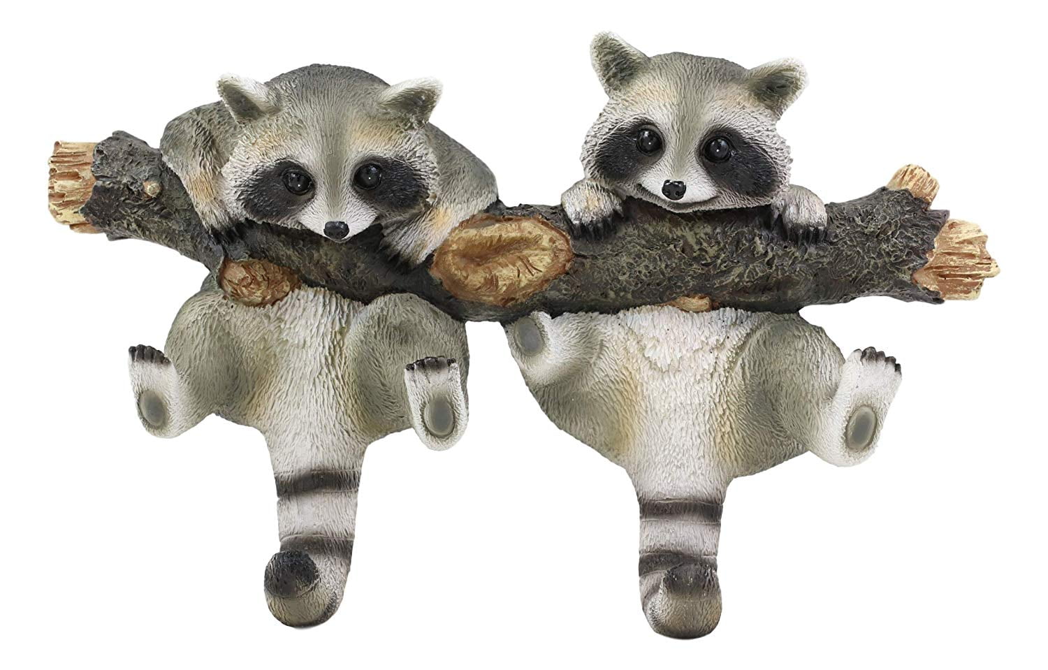Ebros Whimsical Forest Rustic 2 Playful Raccoons Dangling On Tree Branch 6 Pegs Wall Hooks 9.25 