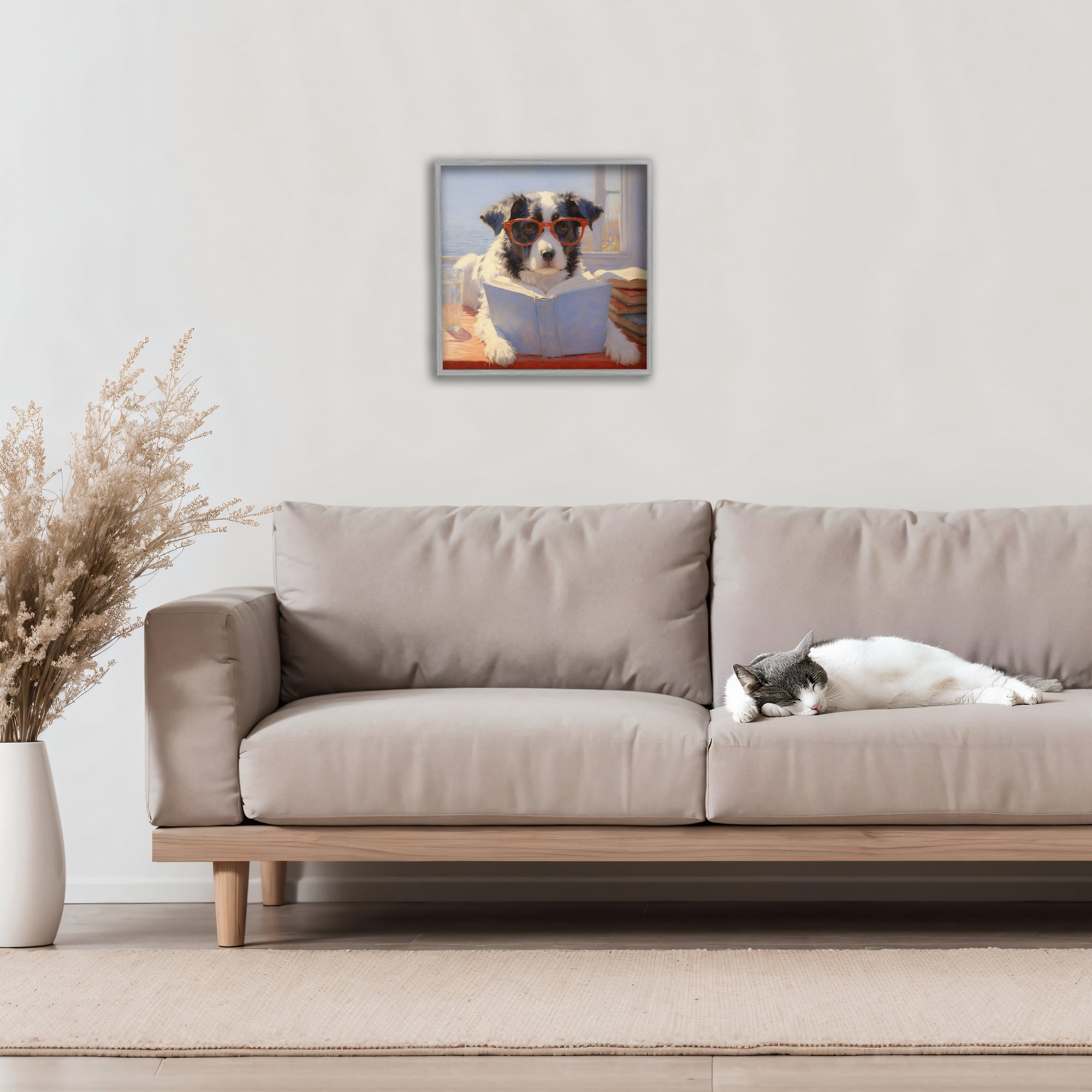 Stupell Industries Sunlit Dog Reading By Window Gray Framed Giclee Art, design by Angie Hawke