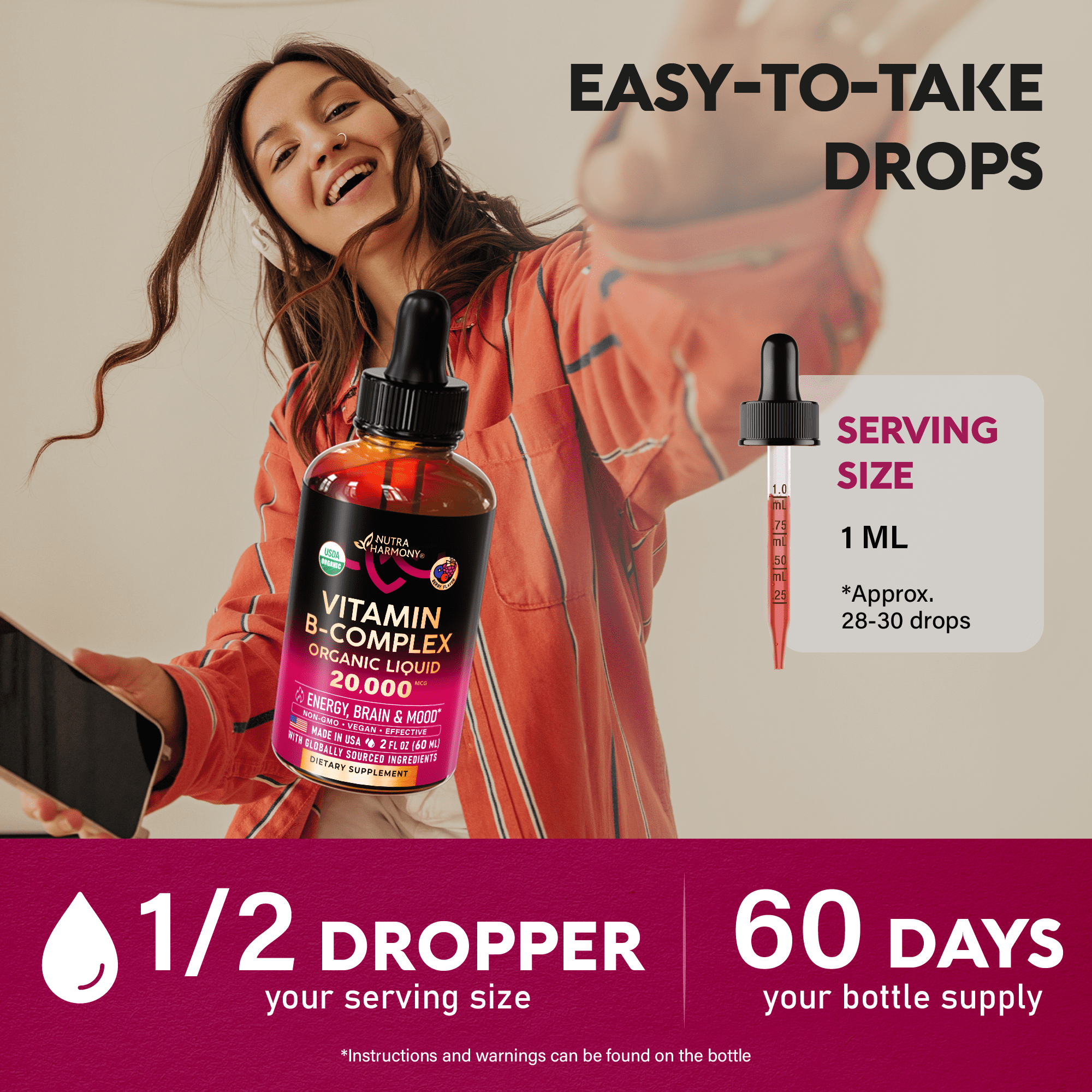 USDA Organic Vitamin B-Complex B5 Pantothenic Acid | B12 | B1 | B6 | B7 | B9 | B3 - B Complex Liquid Drops, Made in USA Supplement, 2fl oz