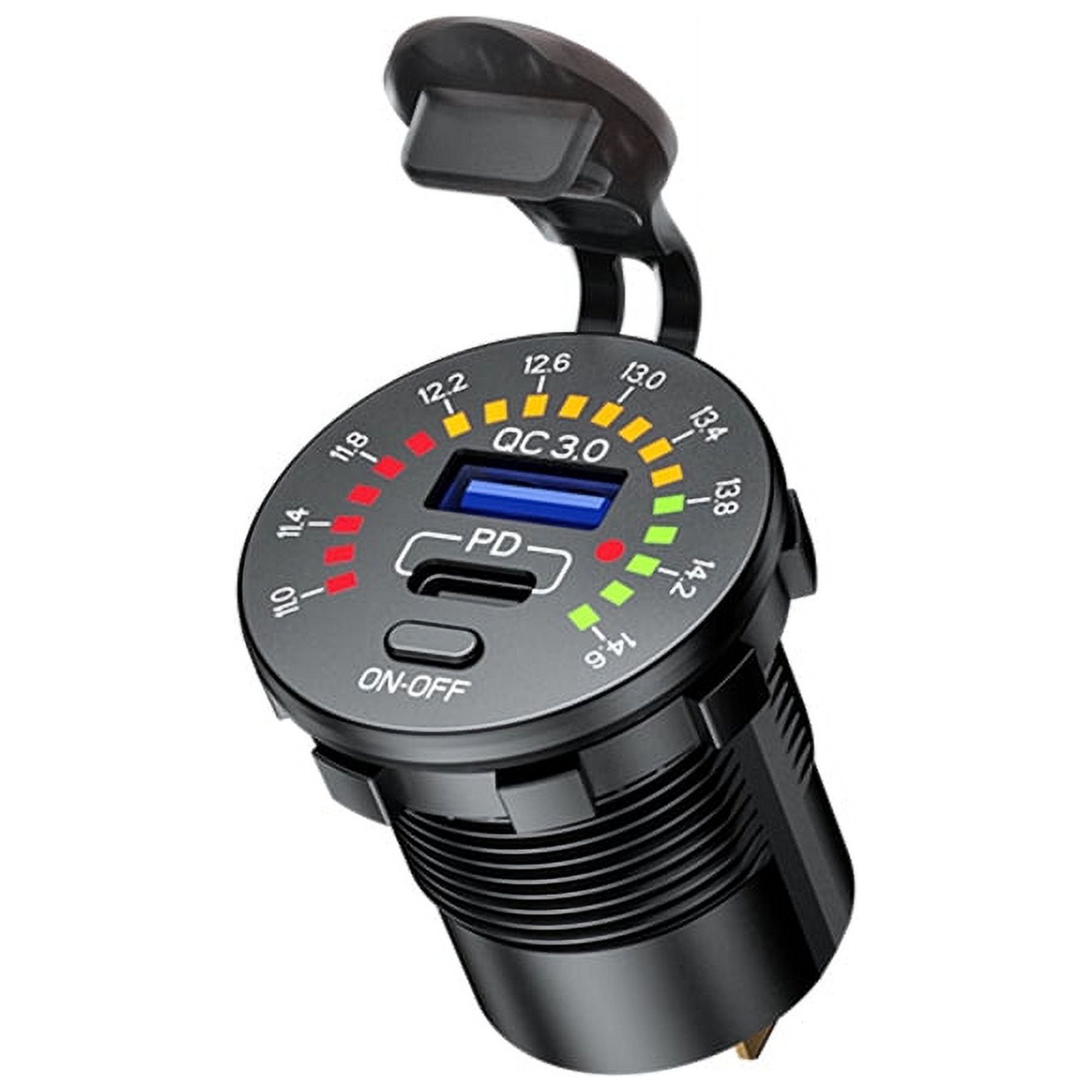 Car Dual USB Fast Charger Socket QC 3.0 +PD Type-C w/LED Voltmeter On/Off Switch