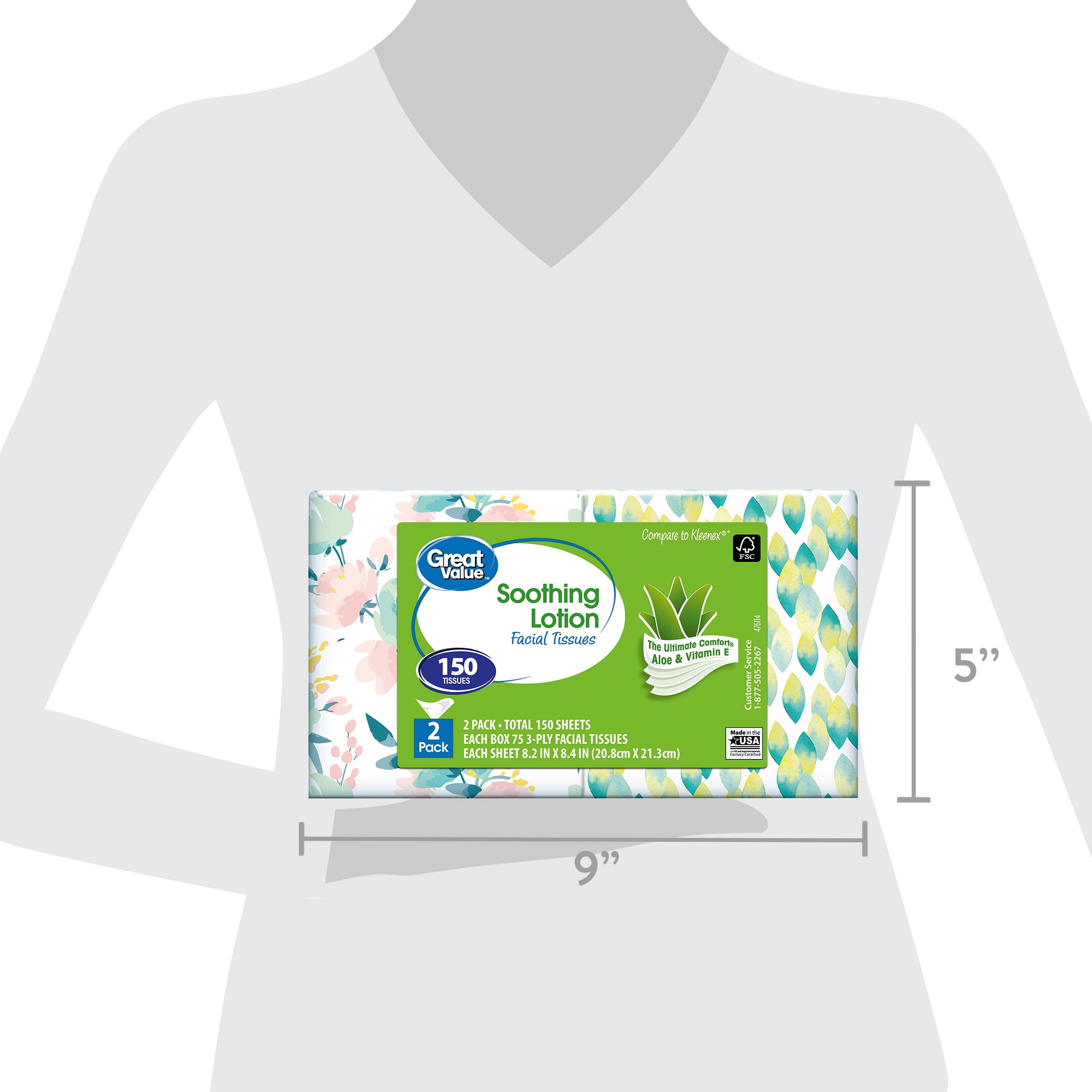 Great Value Soothing Lotion 3-Ply Aloe & Vitamin E Cube Box Facial Tissues, 2 Pack (150 Tissues)