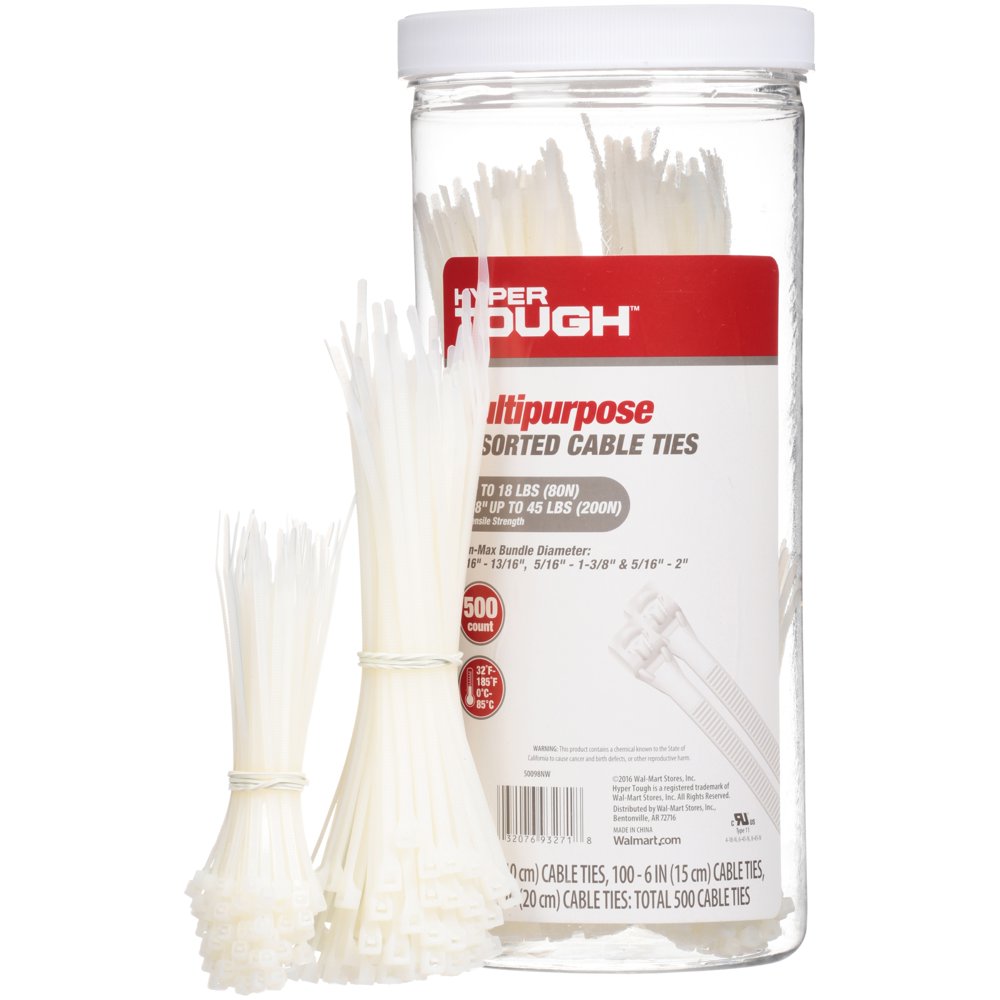 Hyper Tough Multipurpose Assorted Cable Ties, 500Count Canister