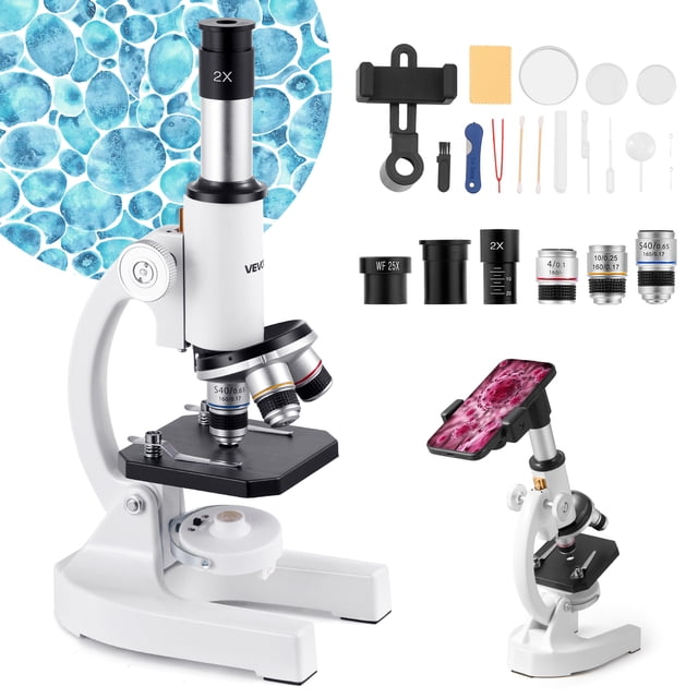 VEVOR Professional Monocular Compound Microscope Kit with 40-2000X magnification, featuring a sturdy aluminum alloy frame, LED light source, and dual-layered stage for secure specimen placement. Includes WF10X and WF25X eyepieces, 4X/10X/40X objectives, and a 360° rotatable head for versatile use. Comes with accessories like slides, petri dish, phone holder, and cleaning tools, ideal for STEM education, classroom teaching, and home science exploration.