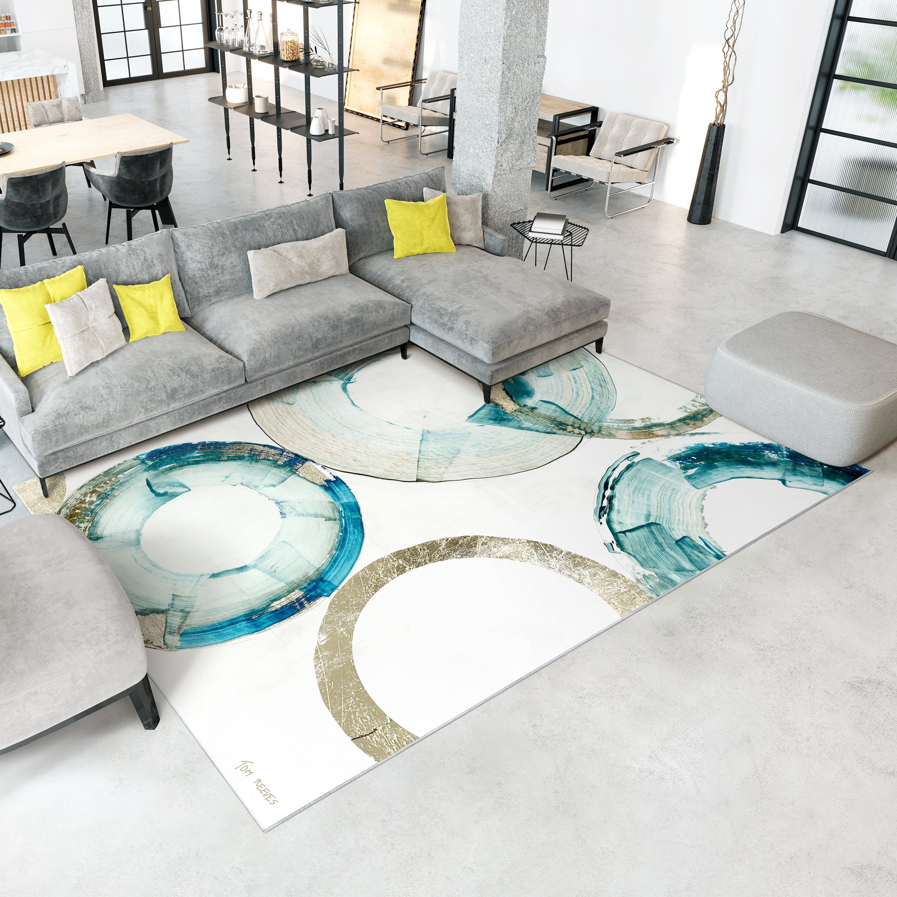 Blue Gold Rings Washable Geometric Art Area Rug size 8'x10', Power-loomed, Heavenly Softness with Non-Slipping Backing