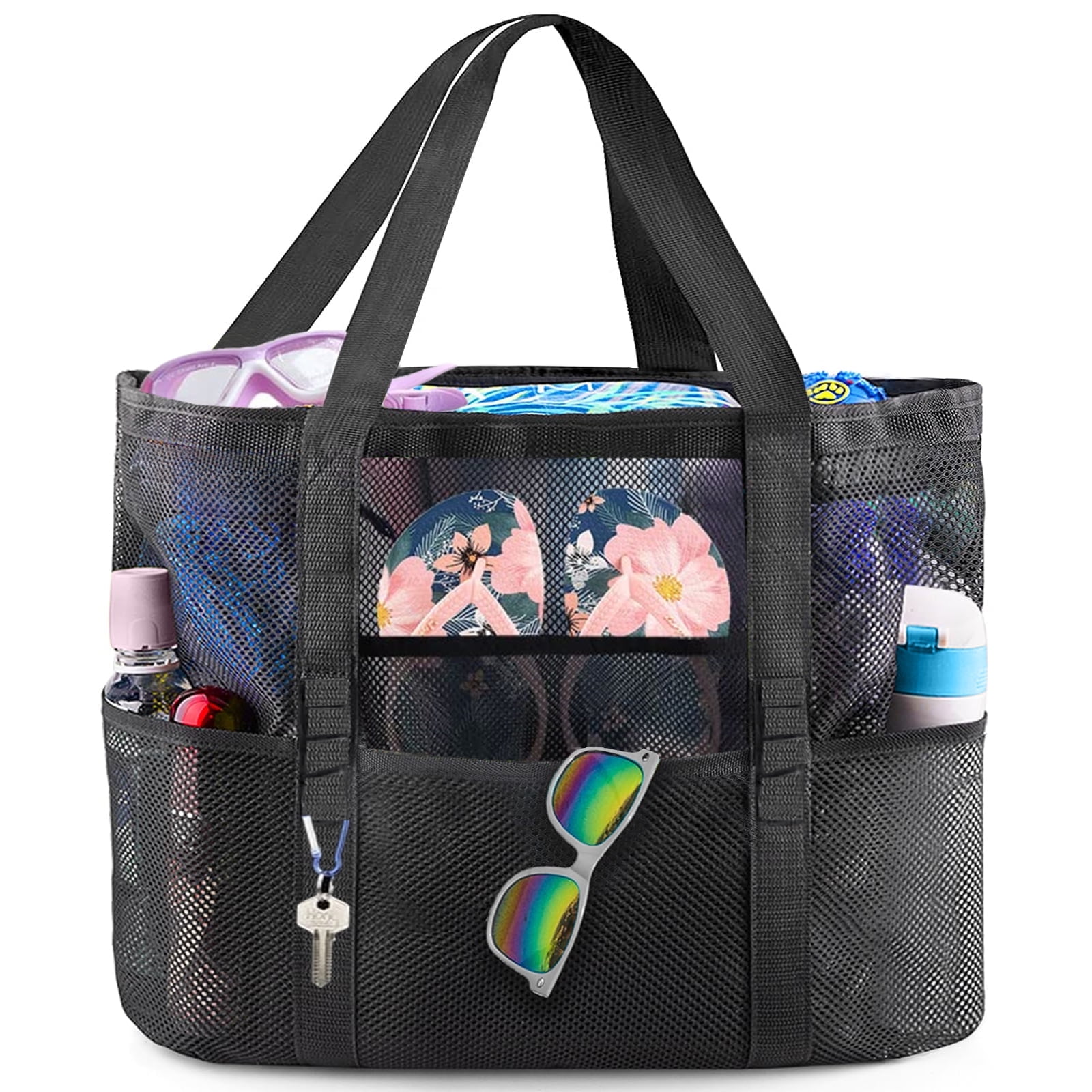 Inadays Beach Bag, Extra Large Mesh Beach Tote with 8 Pockets & Waterproof Zipper inner Pocket for Family Pool Bag Ideal for Beach Trip Toys & Vacation Essentials