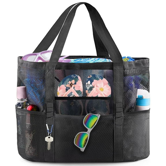 Inadays Beach Bag, Extra Large Mesh Beach Tote with 8 Pockets & Waterproof Zipper inner Pocket for Family Pool Bag Ideal for Beach Trip Toys & Vacation Essentials
