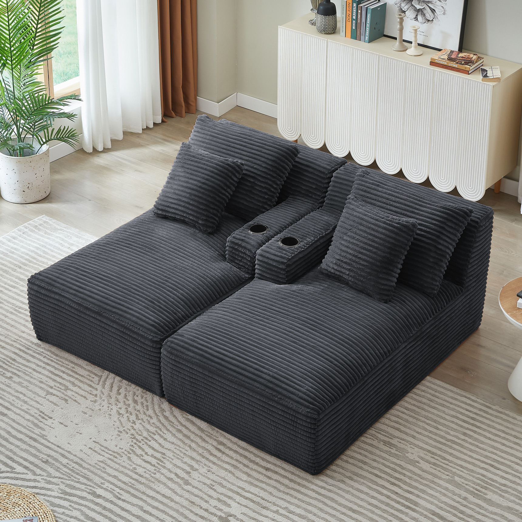 71" Oversized Double Chaise Lounges Indoor, Upholstered Corduroy Sofa Bed with Dual Cup Holders, Sectional Sleeper Loveseat for Living Room, Dark Grey