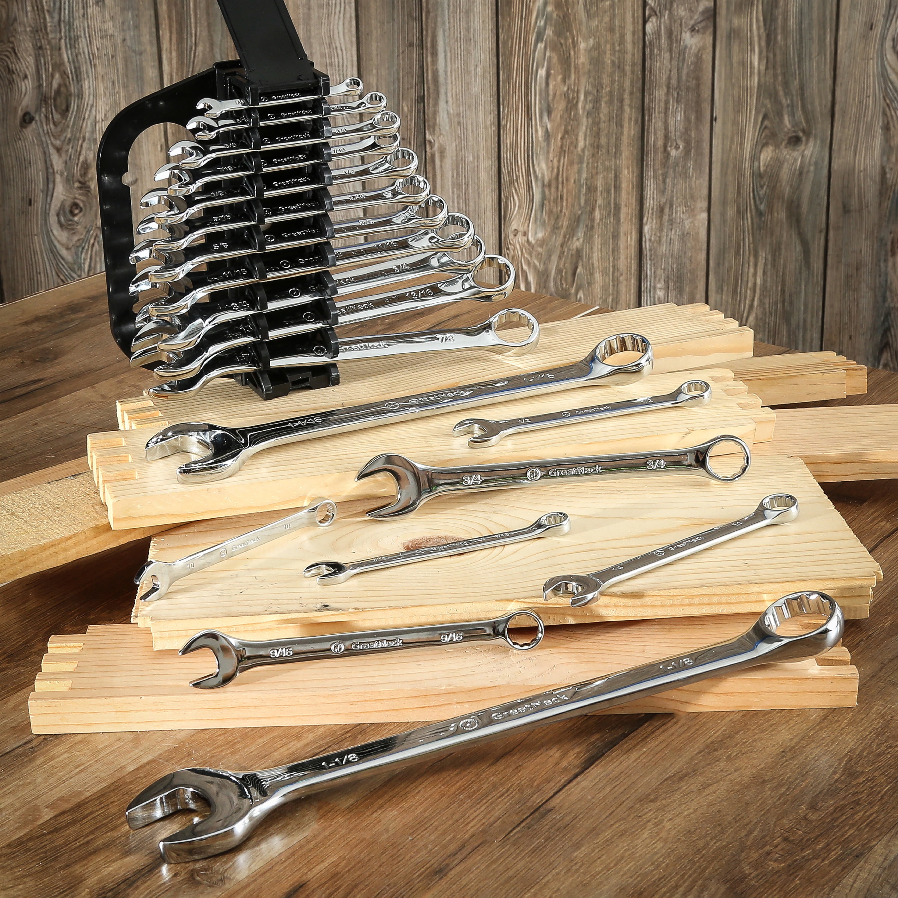 GreatNeck Combination Wrench SAE Set with Rack, Drop Forged Steel, 11 Piece