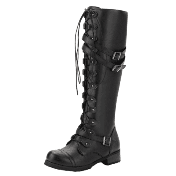 Knee High Boots for Women Riding Military Lace Up Buckle Straps Low Heel Side Zipper Tall Booties 39