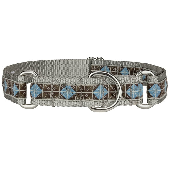 Country Brook Petz® Blue & Brown Diamond Woven Ribbon on Silver Martingale Dog Collar Limited Edition, Large