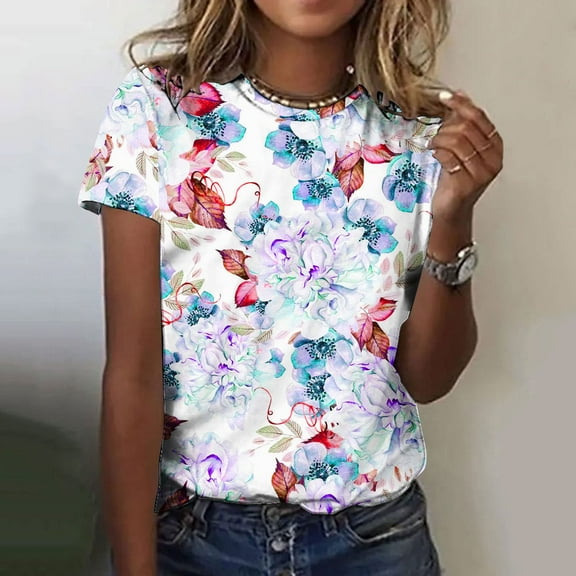 Womens Tops Short Sleeve Summer Fashion Floral Printed Regular Loose Fit Round Neck Casual Shirts Blue XXL