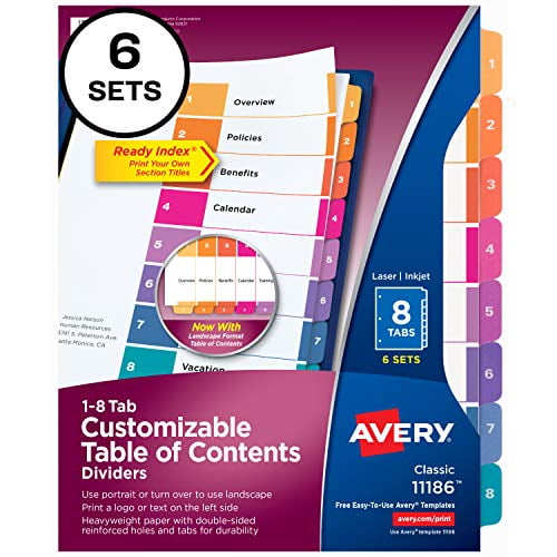 Avery 8-Tab Dividers, Multi-Color Tabs, 6 Sets (11186)
