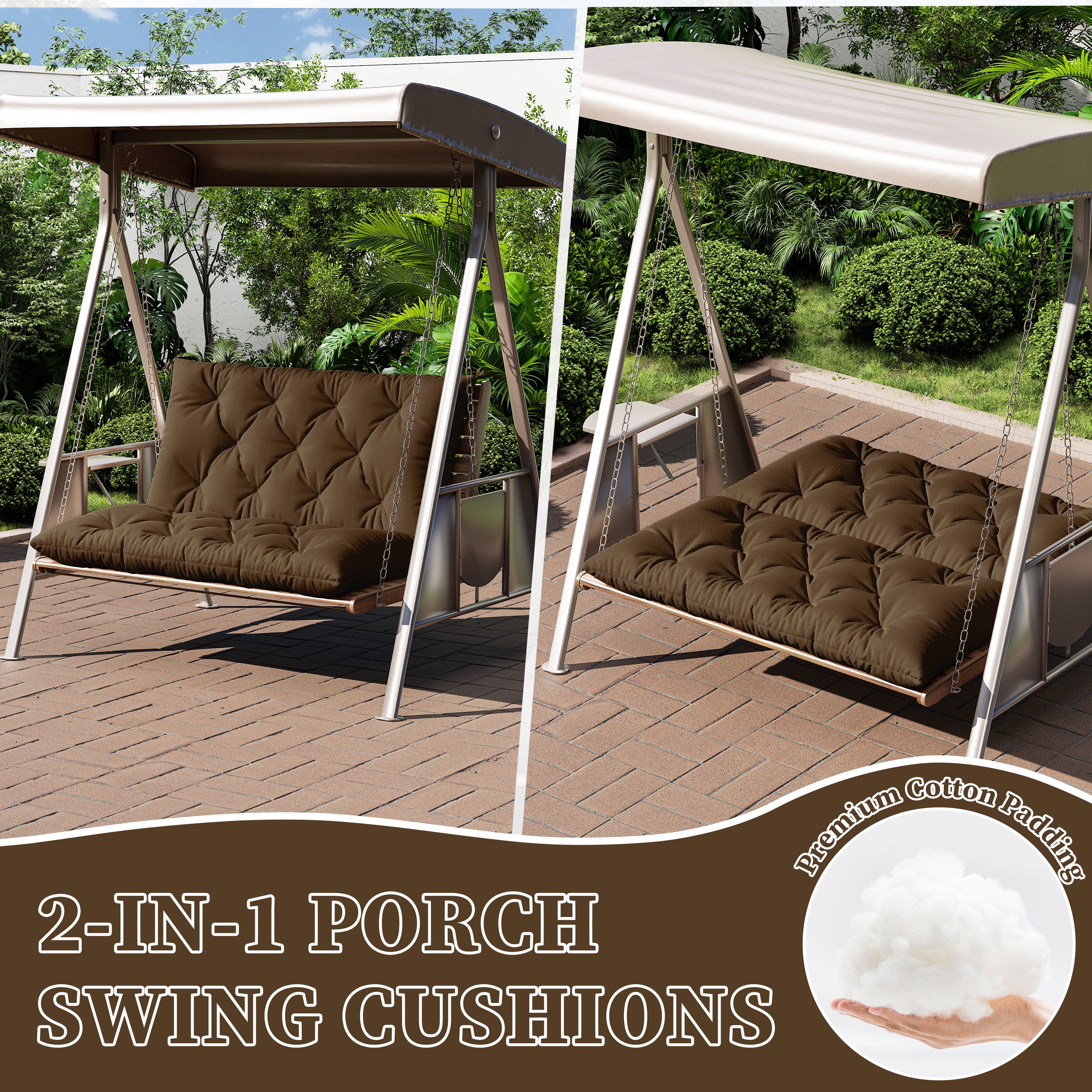 Snubbull Swing Replacement Cushion, Outside Bench Cushion with Backrest, 2 Seater Cushion with 6 Ties for Outdoor Furniture, 40 x 40 x 5 inches Porch SwingCushion Garden Bench, Chocolate