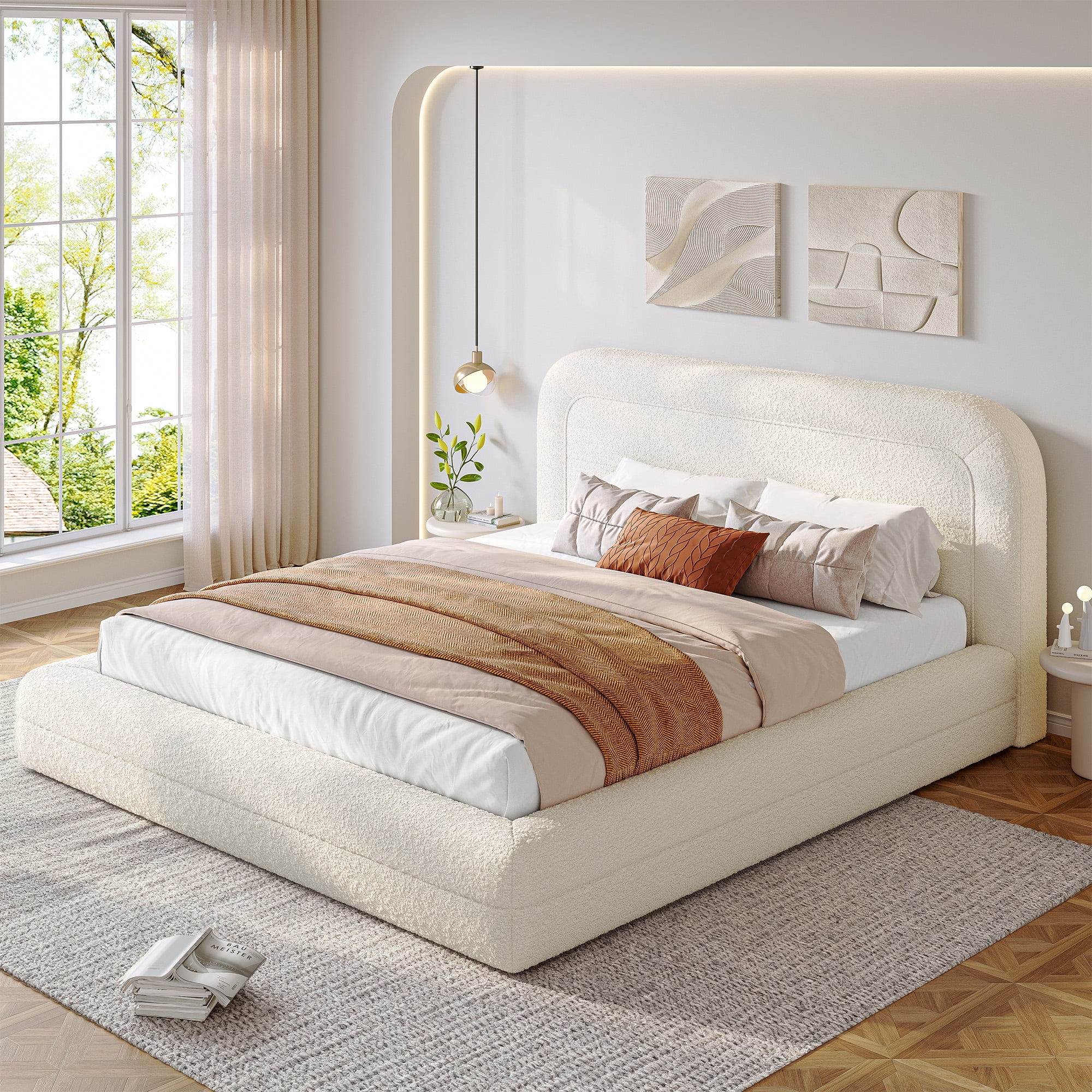 EnHomee Queen Size Cloud Bed Frame with Headboard Boucle Bed Frame with Rounded Corner, White