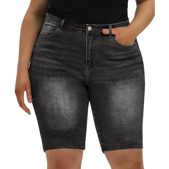 CASSIE LIZ Plus Size Shorts For Women High Rise Cut Off Shorts Jeans Casual Pocket Elastic Waist Shorts Black Summer Shorts Pants XL 16W