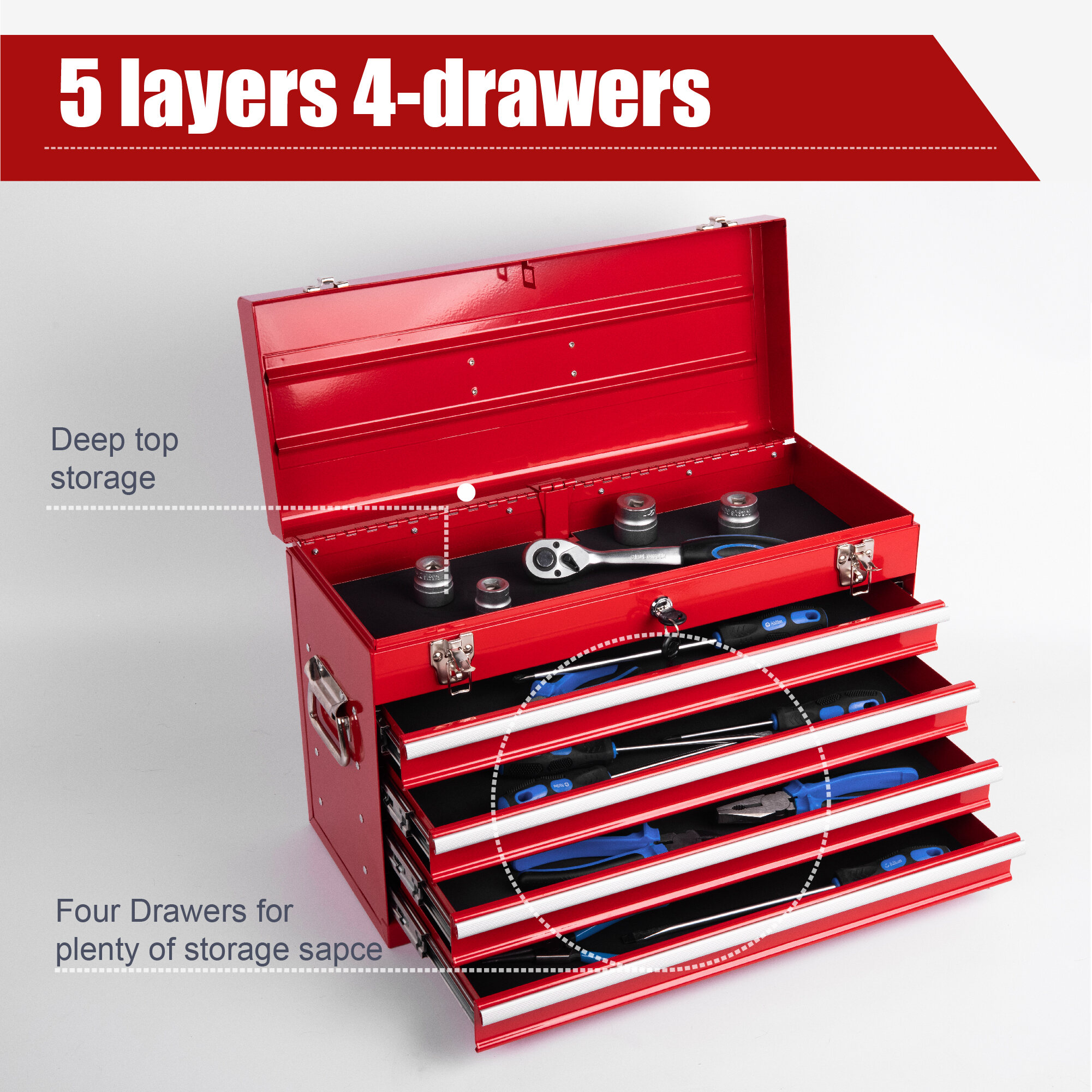 Tool Boxes Heavy Duty Metal Tool Box, 21-inch, Portable Metal Tool Box with 4 Drawers, Small Tool Chest with EVA Liners, Ball Bearing Slide Drawers Locking & Powder Coated Finish, Multi-Function Tool