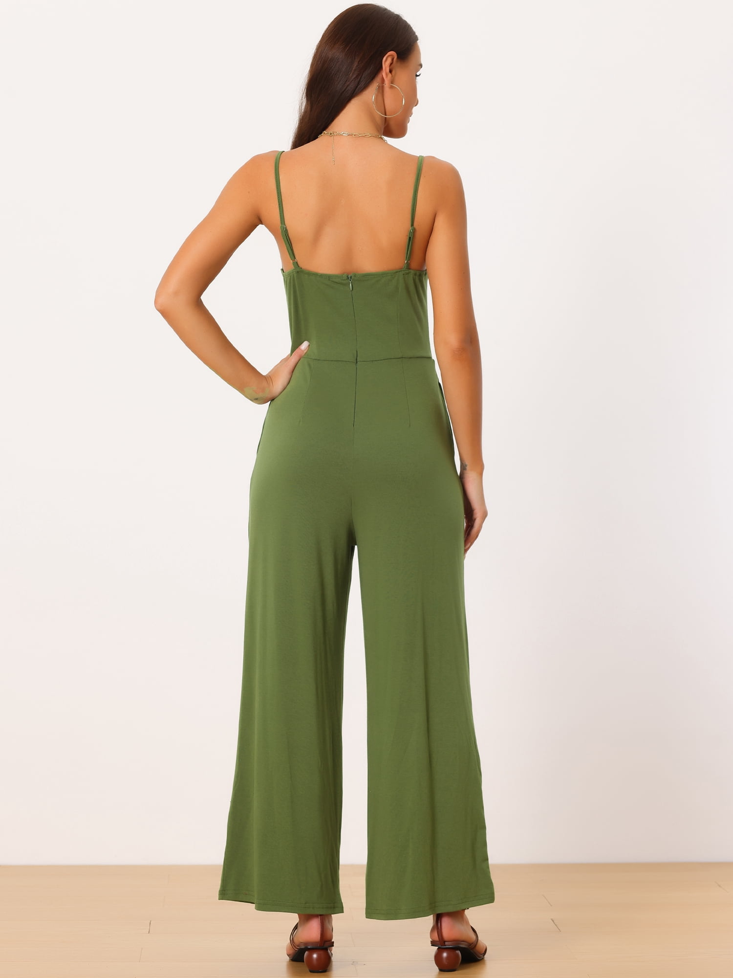 DARING DIVA Women's V Neck Ruched Drawstring Sleeveless Wide Leg Jumpsuits XL Army Green
