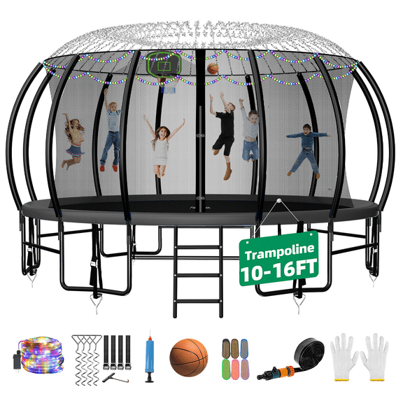 FIZITI 16FT Trampoline with Basketball Hoop,Enclosure Net,Sprinkler,Light,Socks,Ladder for 7-8 Kids and Adult,2000LBS Pumpkin Outdoor Heavy Duty Recreational Backyard Trampoline