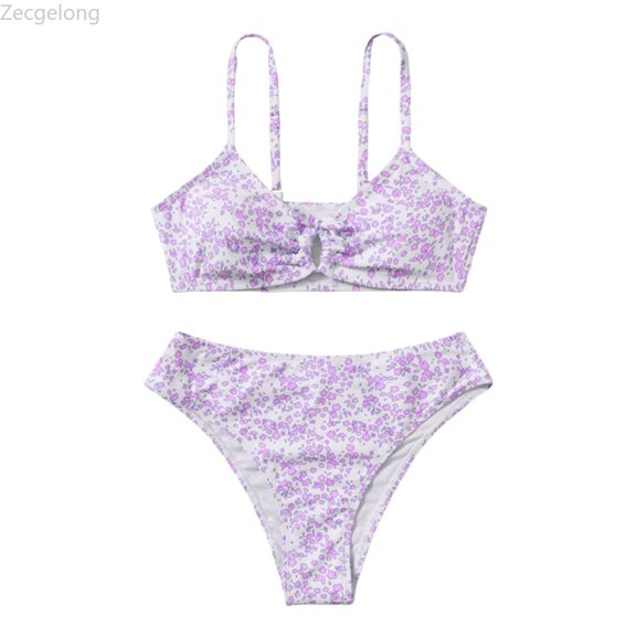 Zecgelong Girls Swimwear 2 Piece Set Floral Print Strappy Bikini Swimsuit For Teen Girls Summer Beach Vacation Pool Party Swim Training Comfortable Stretchy Fabric Purple Size 9-11 Years