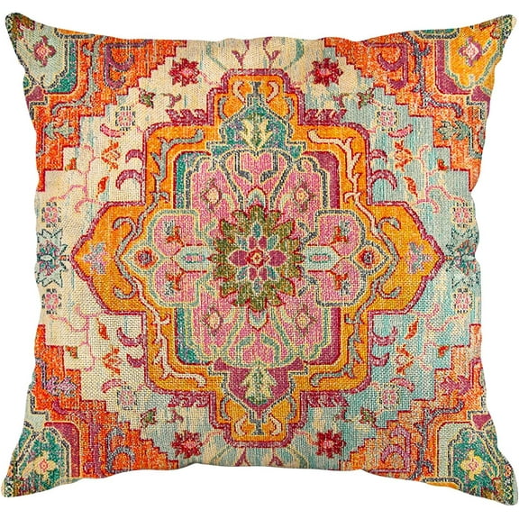 Boho Vintage Throw Pillow Cover Carpet Pattern Antique Ethnic Decorative Orange Pillow Cases Home Decor Square 18x18 Inches Pillowcase