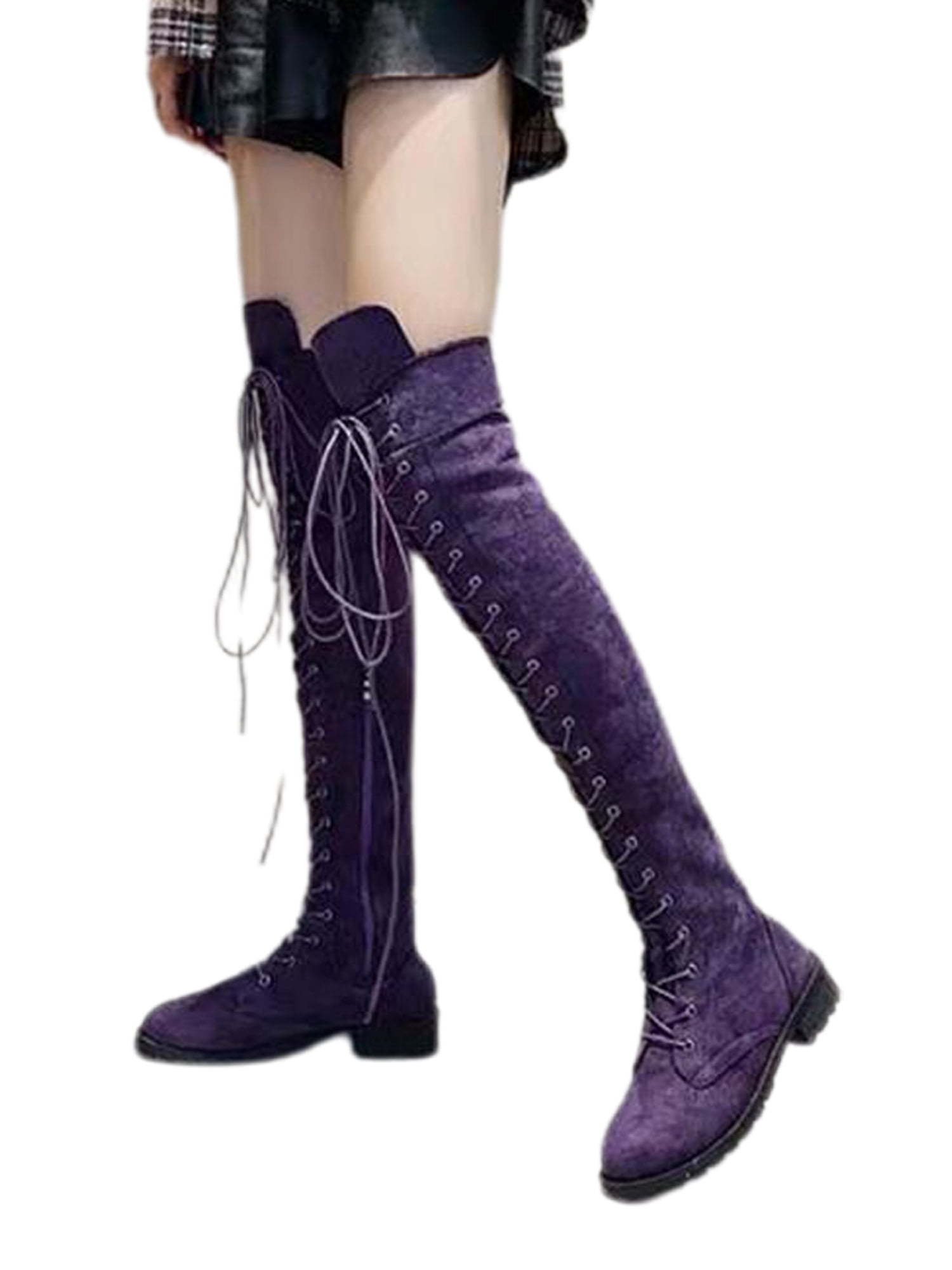 Wodstyle Womens Winter Ladies Over The Knee Boots Vintage Thigh Flat Party Lace Up Block Holiday Shoes, Women's, Size: One size, Purple