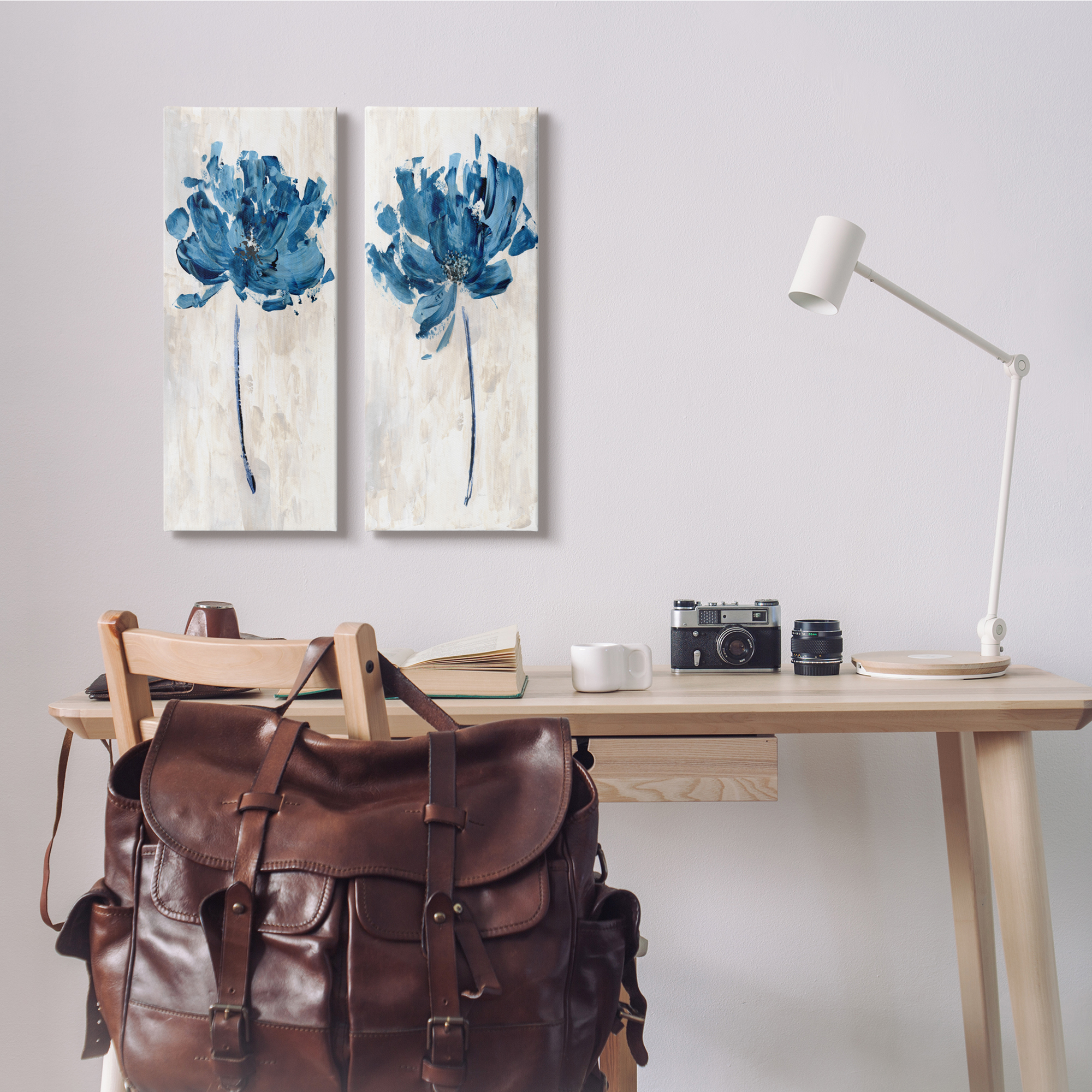 Stupell Industries Vivid Blue Abstract Flowers Rustic Florals Neutral Beige, 10 x 24, Design by Katrina Craven