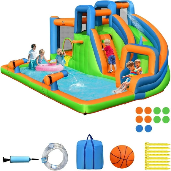 OLAKIDS Inflatable Water Slide, 7 in 1 Bounce House Water Park with Slide Splash Pool Climbing Wall 2 Water Blaster Basketball Rim, Outdoor Inflatable Obstacle Course for Kids Backyard (Without 735W)